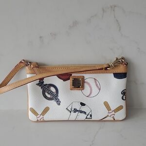 Dooney & Bourke MILWAUKEE BREWERS Baseball Print Wristlet in White and Tan